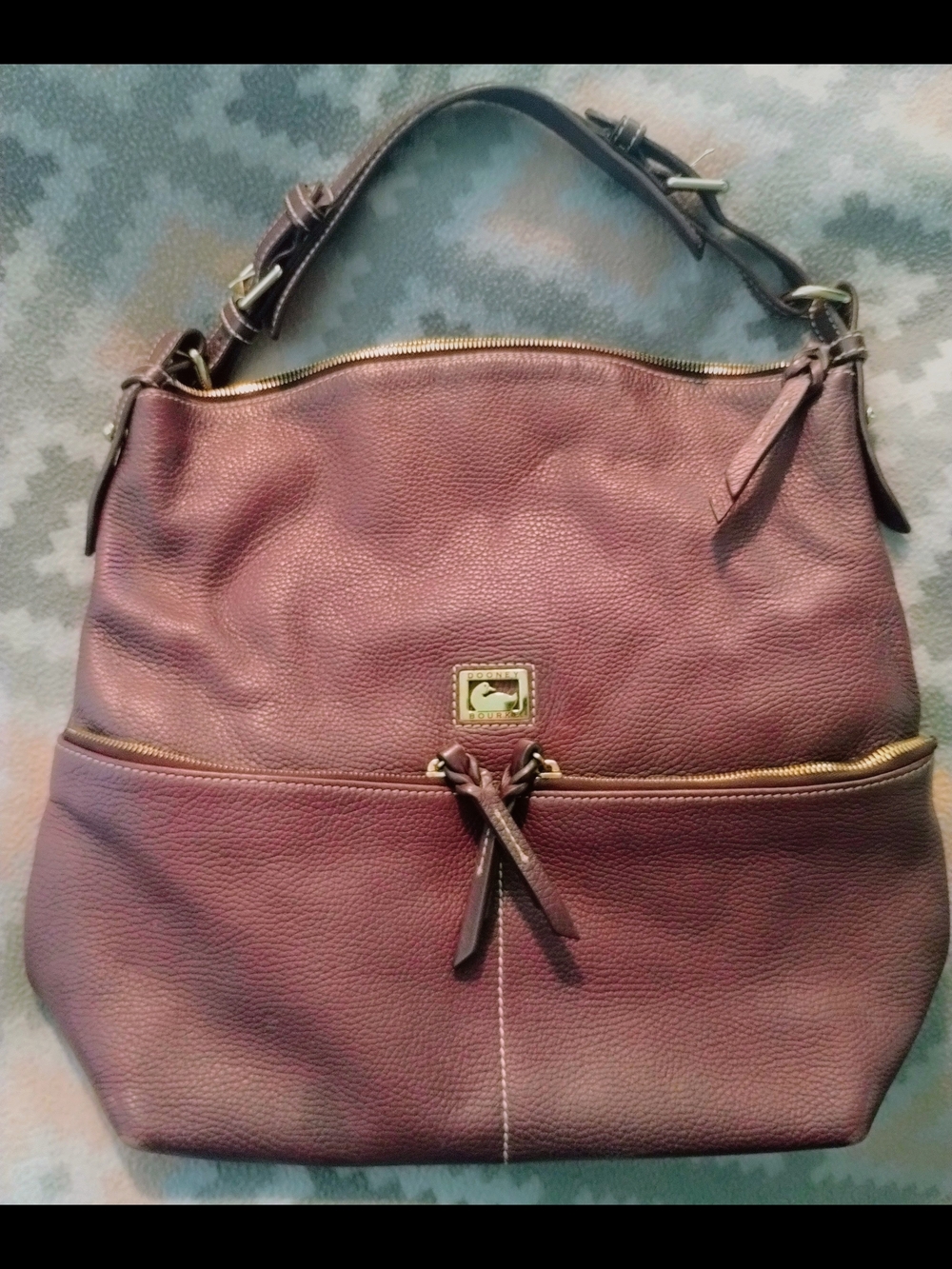 Dooney & Bourke Burgundy Pebbled Leather Shoulder Bag, Brown Strap, Gold Zippers